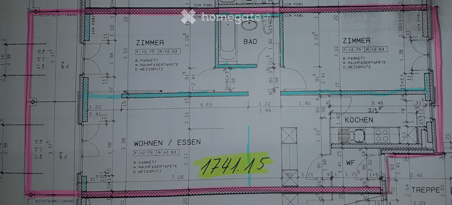 Floor plan showing a layout with labeled rooms including a kitchen, living/dining area, two bedrooms, and a bathroom. Dimensions and material specifications are noted.