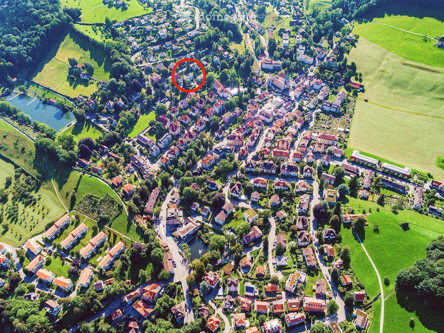 Aerial view of a residential area with numerous houses, green spaces, and a lake in the background.