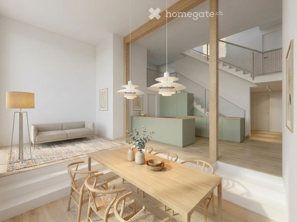 Furnished Room. Open-plan living and dining area with a sofa, dining table, chairs, kitchen island, pendant lights, and a floor lamp.