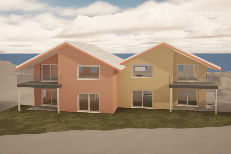 Two-story house with a modern design, featuring a peach-colored section and a yellow section, each with balconies and large windows.