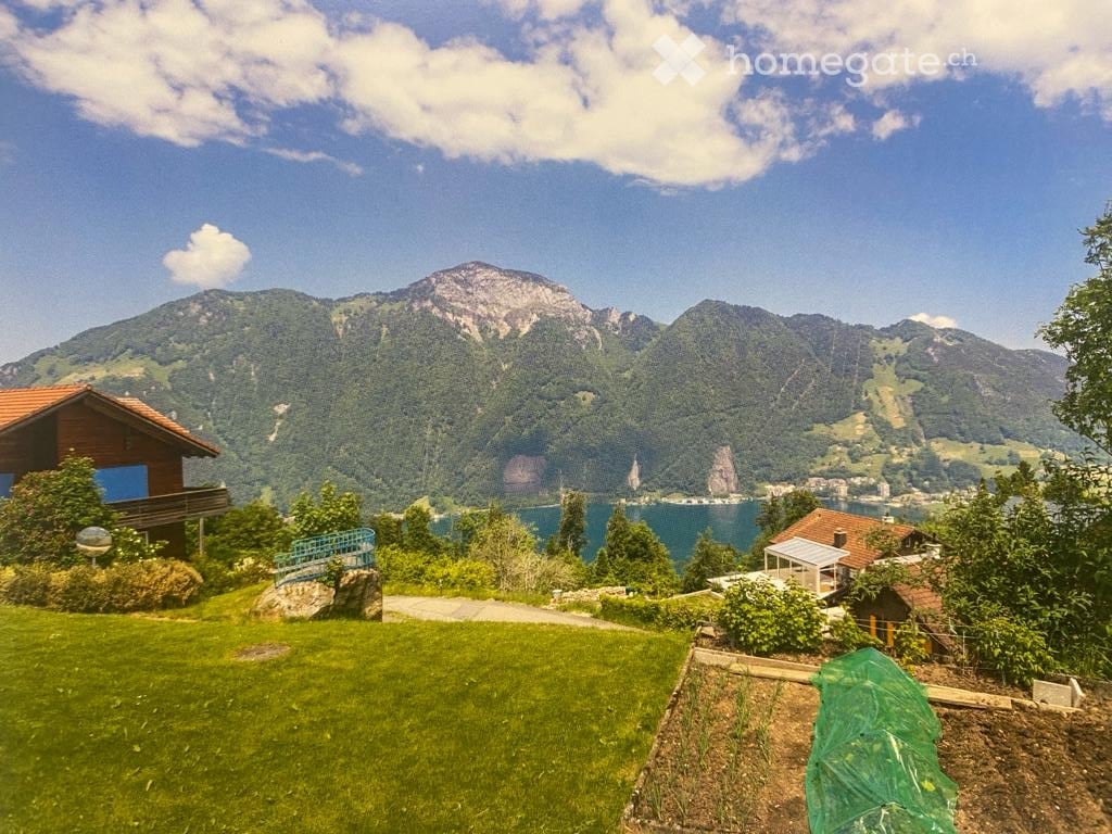 hills, mountains, lake, blue sky with clouds, two houses