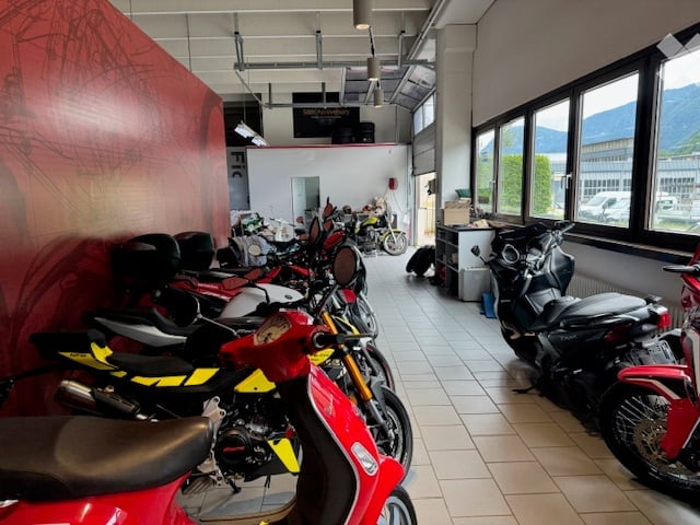 A showroom filled with various motorcycles and scooters, including helmets and luggage, with large windows offering a view of the outside.