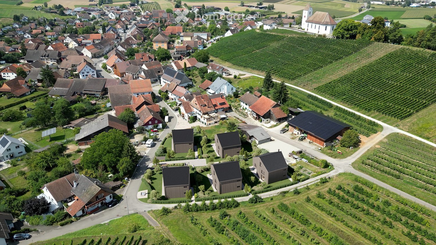 Aerial view of a rural village with houses, farms, vineyards, and a church tower.