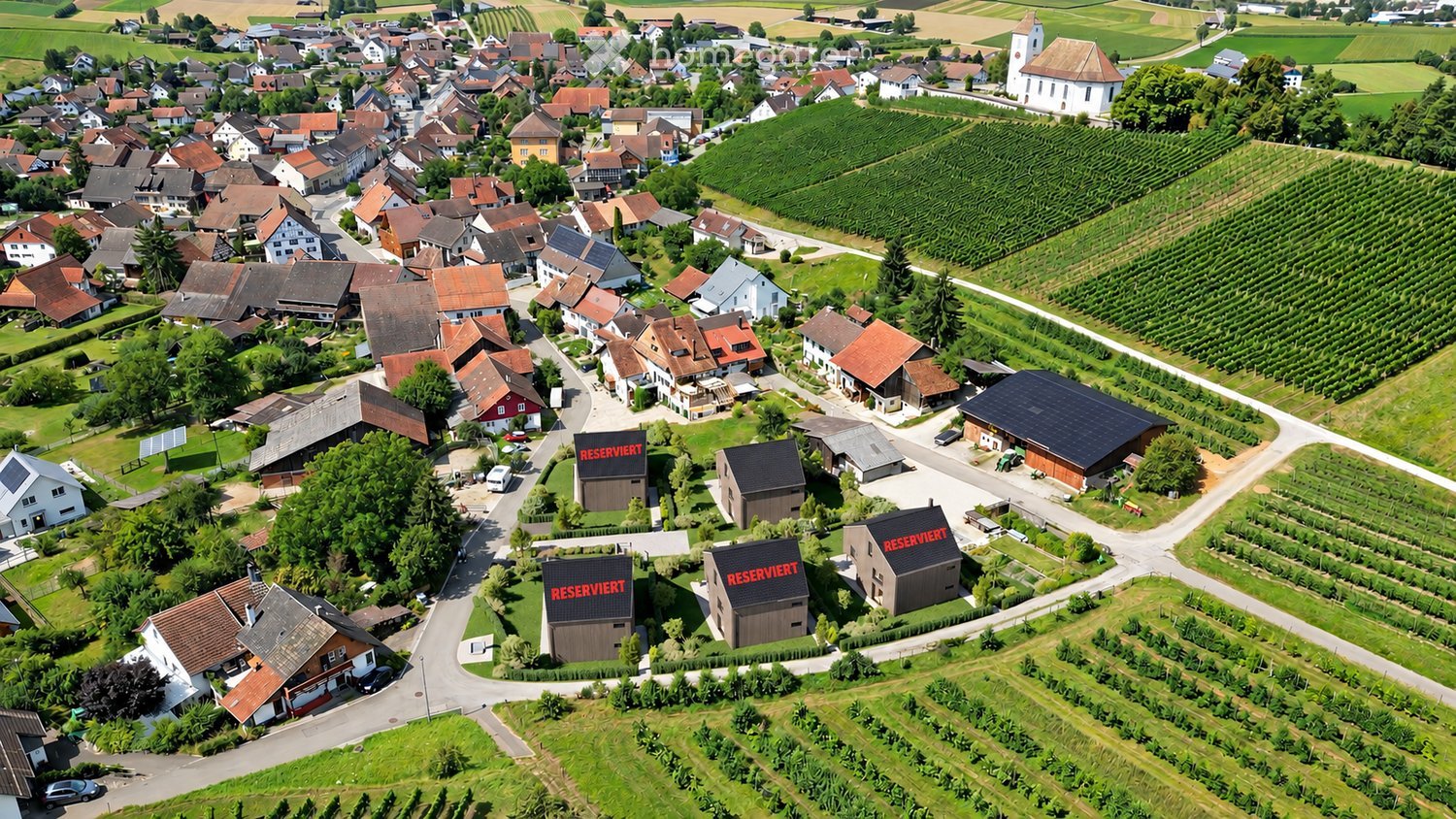 Aerial view of a small village with houses, vineyards, and a church, surrounded by green fields and agricultural land.