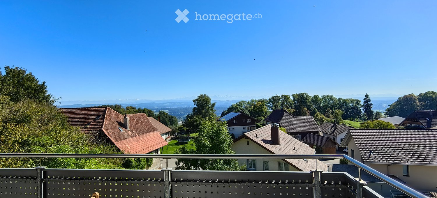 Balcony overlooking a suburban neighborhood with houses, trees, and distant mountains under a clear blue sky.