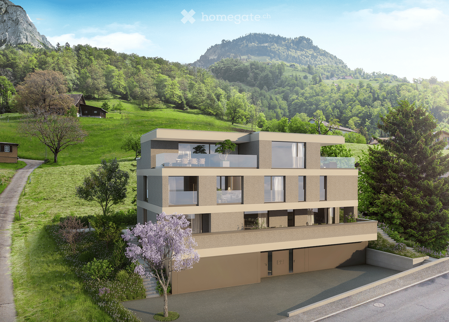 Modern two-story house with large windows, balcony, garage, and scenic mountain view.