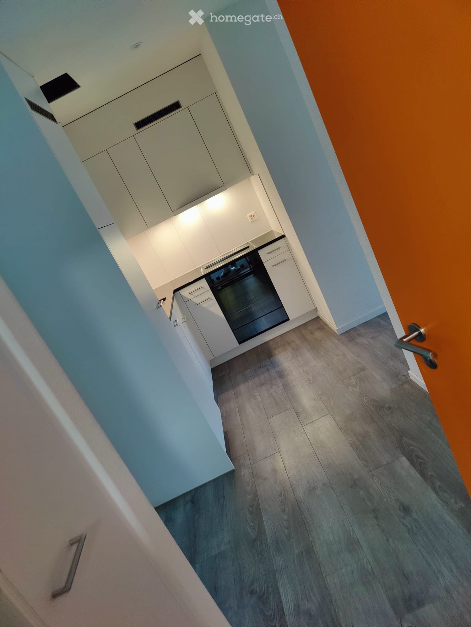 Modern kitchen with white cabinets, stainless steel oven, and light wood flooring.