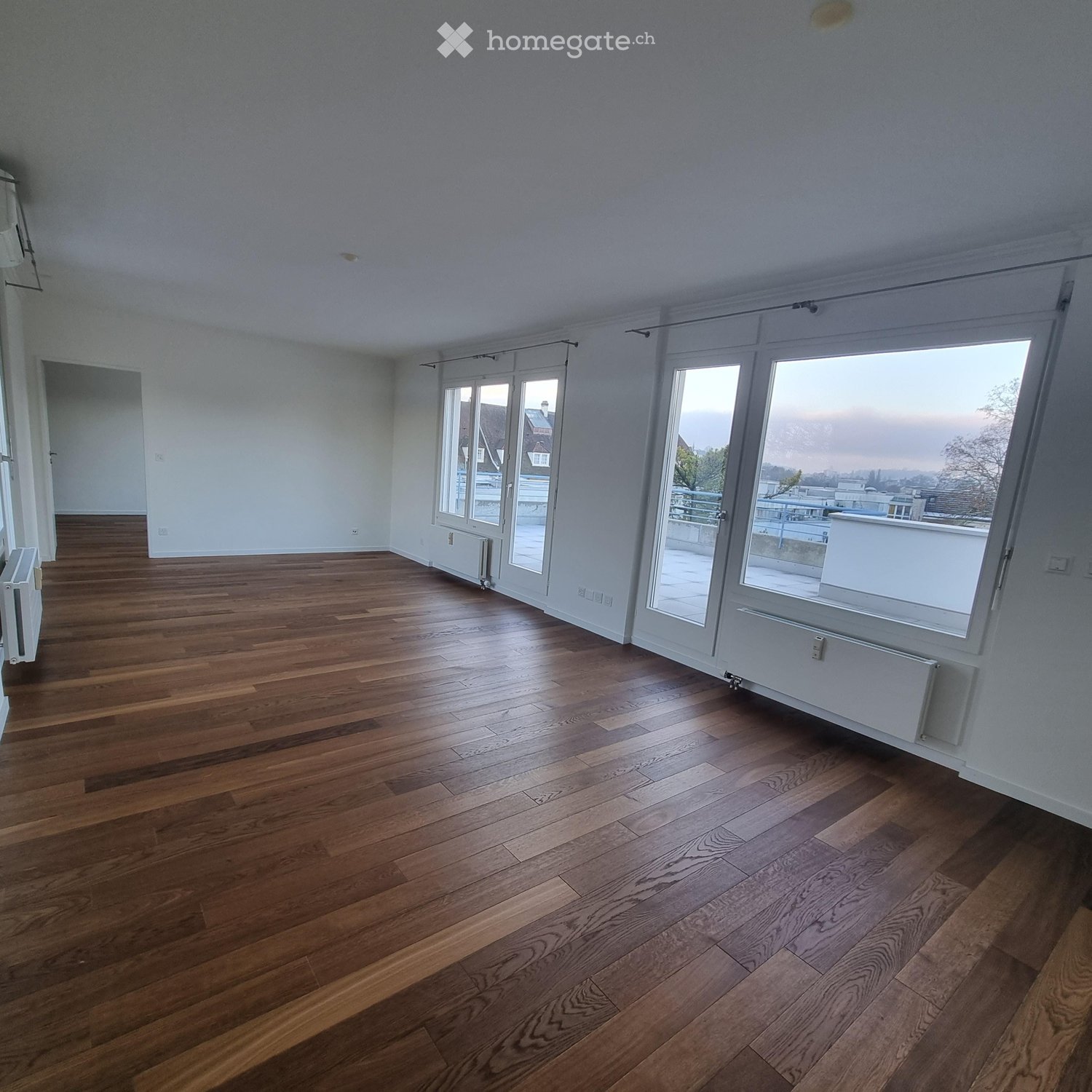 Open room, wooden flooring, large windows, balcony, distant buildings