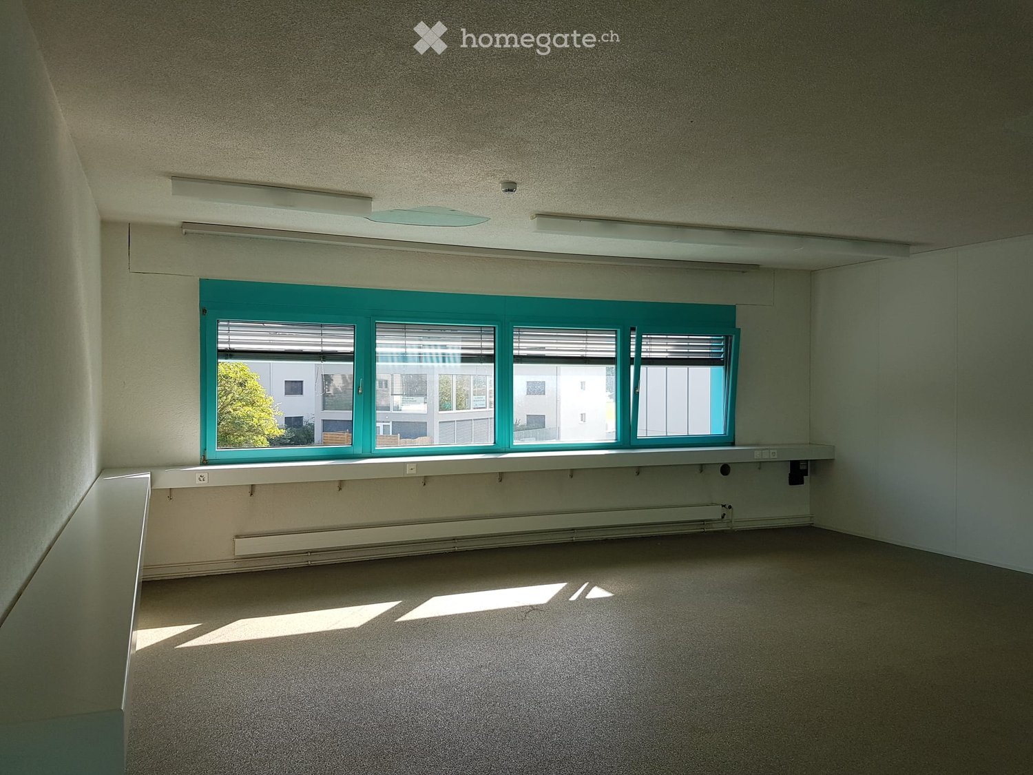 Empty room with beige walls, carpeted floor, large windows with blinds, and a radiator below the windows.