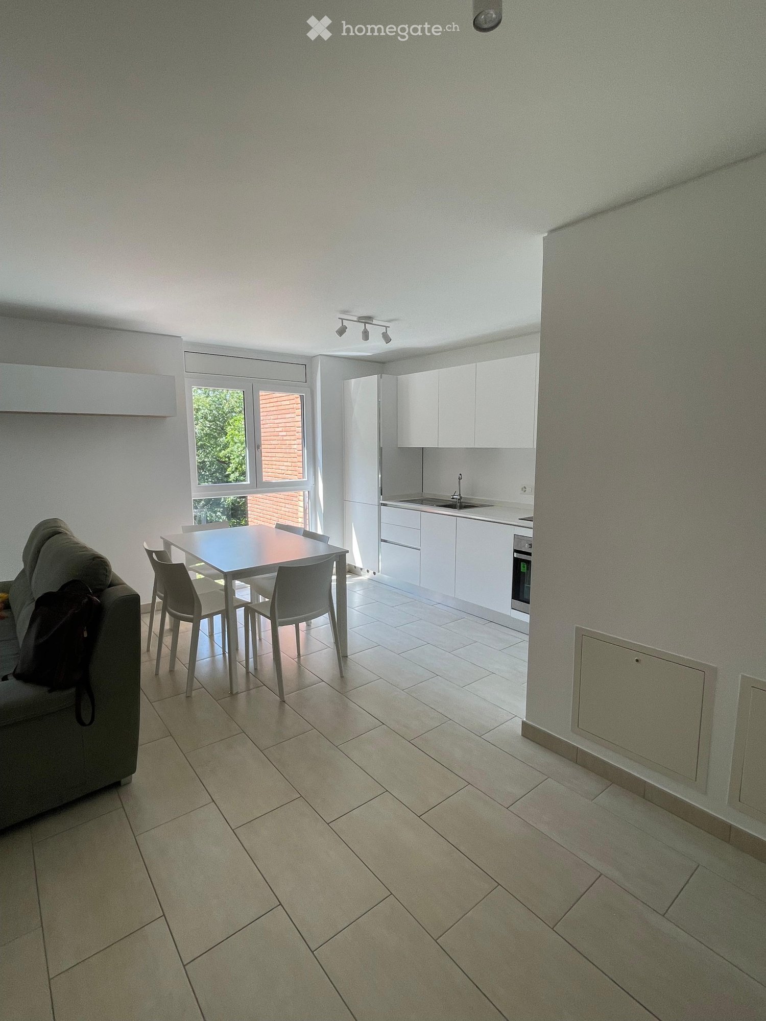 Open-plan living and dining area with a grey sofa, dining table with chairs, and a modern white kitchen with cabinets and a sink.