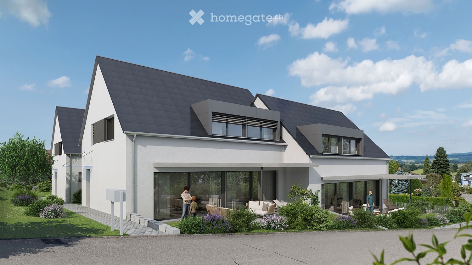 modern 2-story house, black roof, white exterior, large windows, balcony