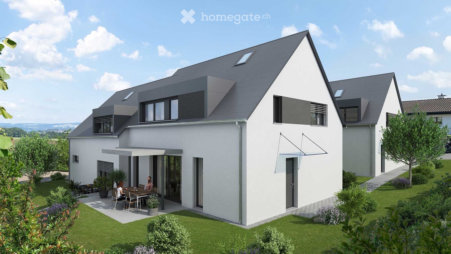Modern house with gray roof, two storeys, large windows, terrace, garden, awning
