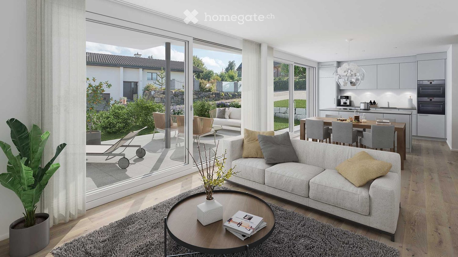 Living room, couch, table, open windows, garden view, modern