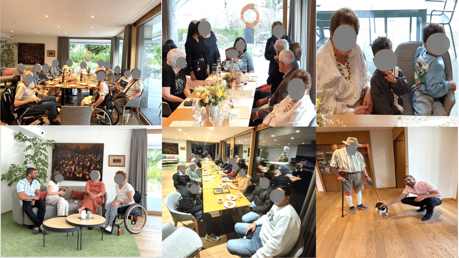 A collage of six images showing various indoor settings with people, including a dining area, a lounge, and a kitchen, with furniture such as sofas, tables, chairs, and decorative items like vases and picture frames.