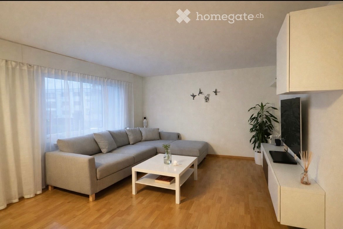 Modern living room with a grey sectional sofa, white coffee table, flat-screen TV, and decorative plants. The room features wooden flooring and large windows with sheer curtains.