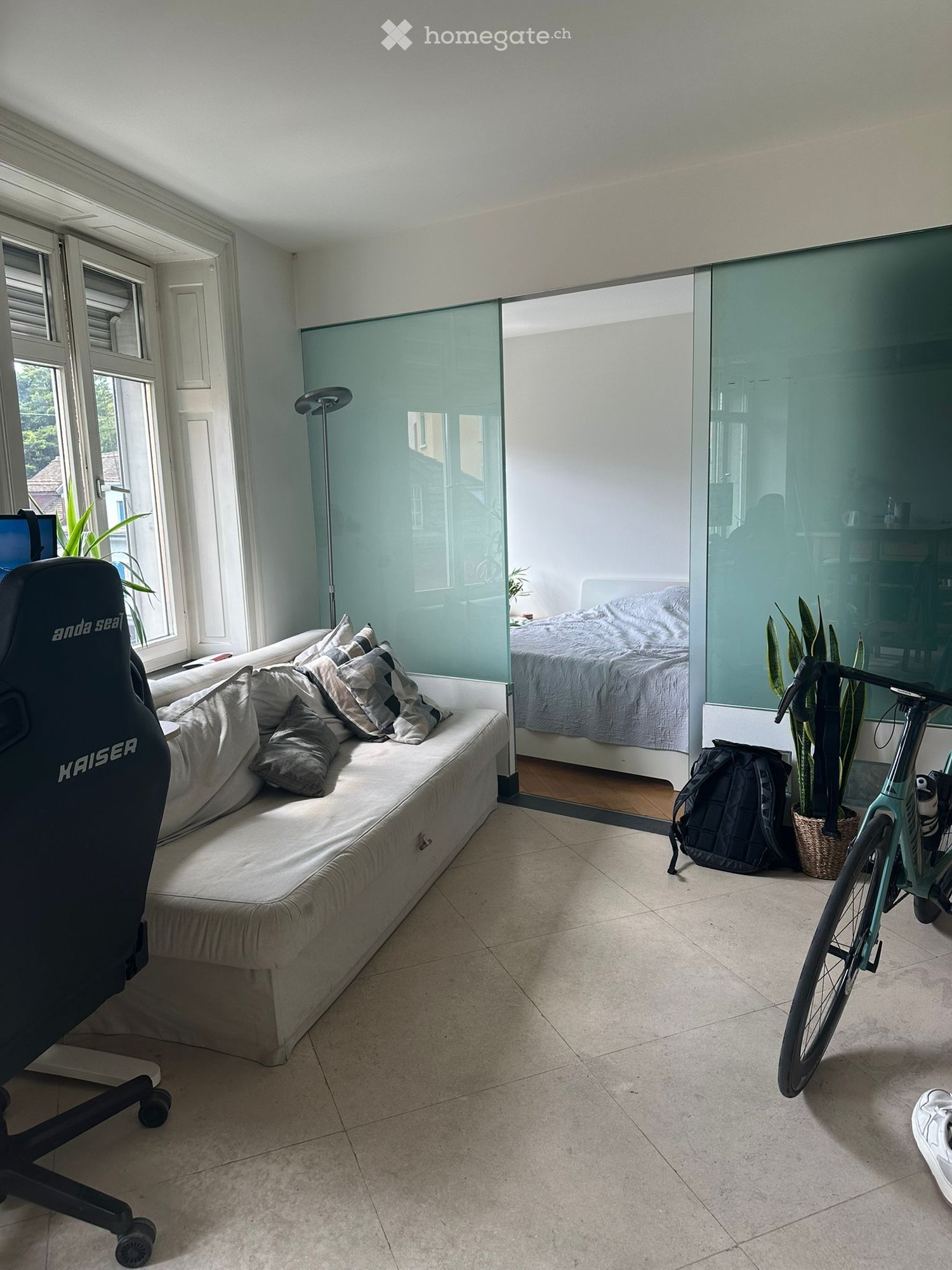 A modern living room with a sofa, pillows, a chair, a backpack, a bicycle, and a plant. The room features large windows and a glass partition separating it from a bedroom area.