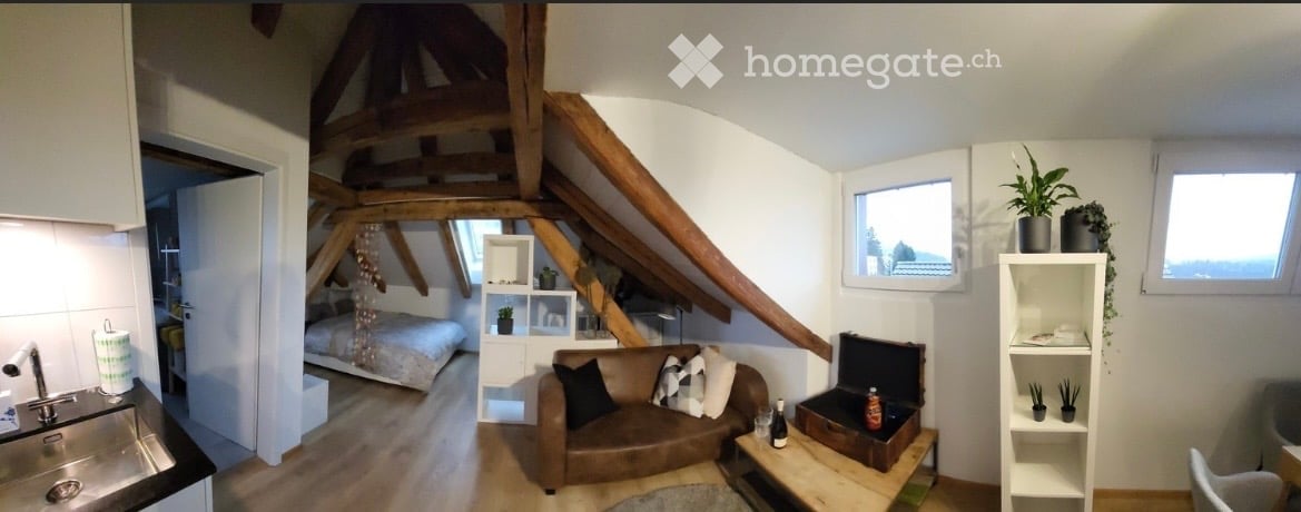 Cozy attic space with exposed wooden beams, featuring a living area with a sofa, coffee table, and shelves, and a separate sleeping area with a bed. The kitchen area includes a sink and faucet.