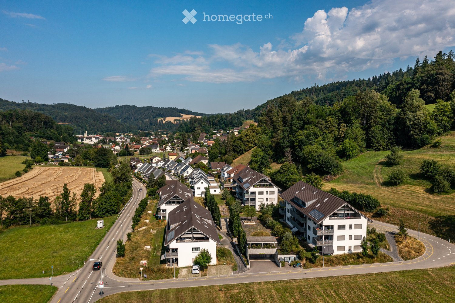 Aerial view of a residential area with multiple houses, surrounded by greenery and hills in the background.