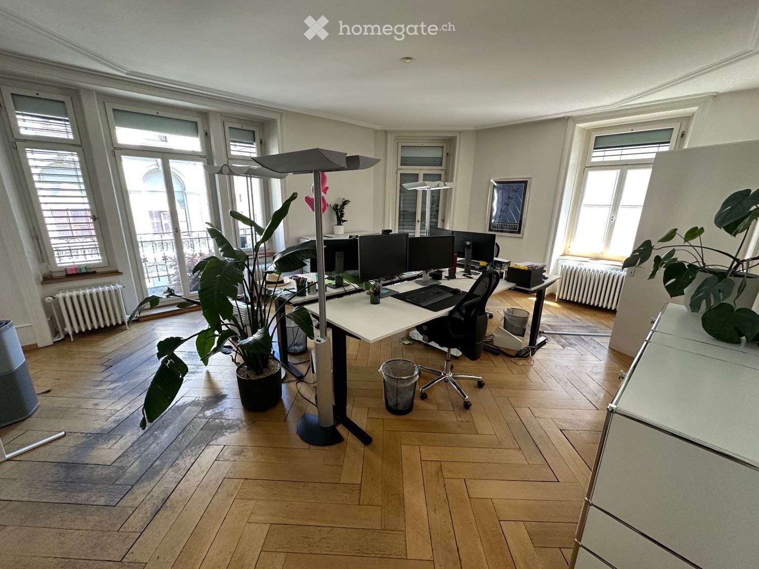 Bright, spacious room with wooden flooring, large windows, and modern furniture including a desk with multiple computer screens, a chair, and a tall floor lamp. There are potted plants and radiators visible.