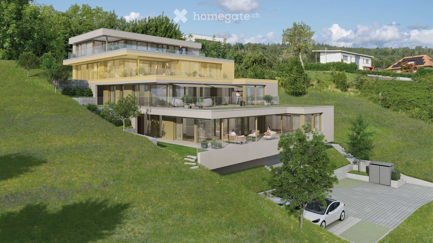 Two story modern house, multiple balconies, swimming pool, parking place