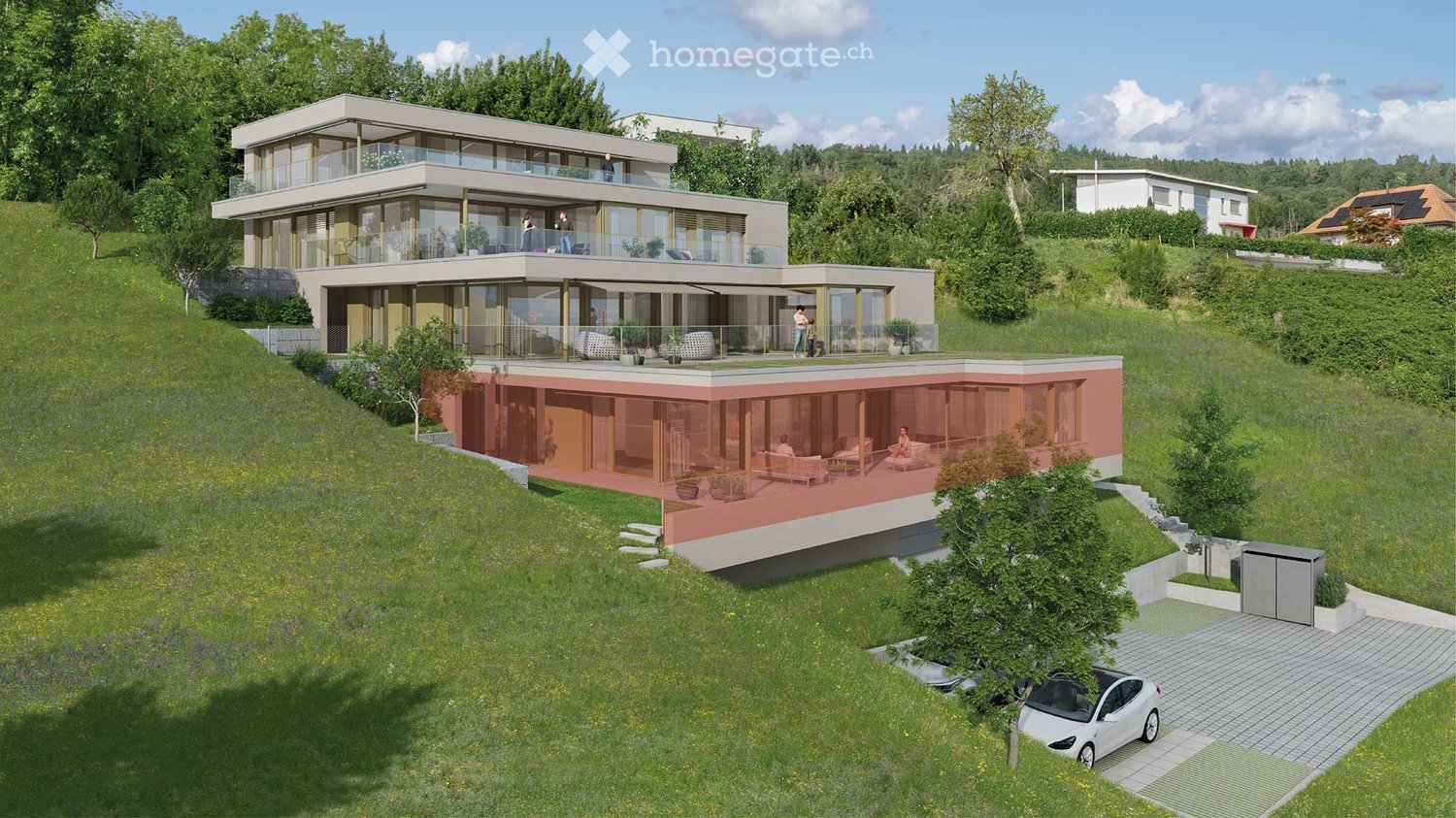 two story house, large glass windows, multiple balconies, solar panels, swimming pool, parking place, green surroundings