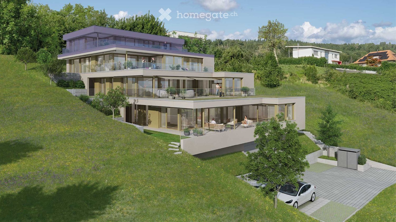 Modern house with 2 floors, glass windows, balconies, and views of the hills