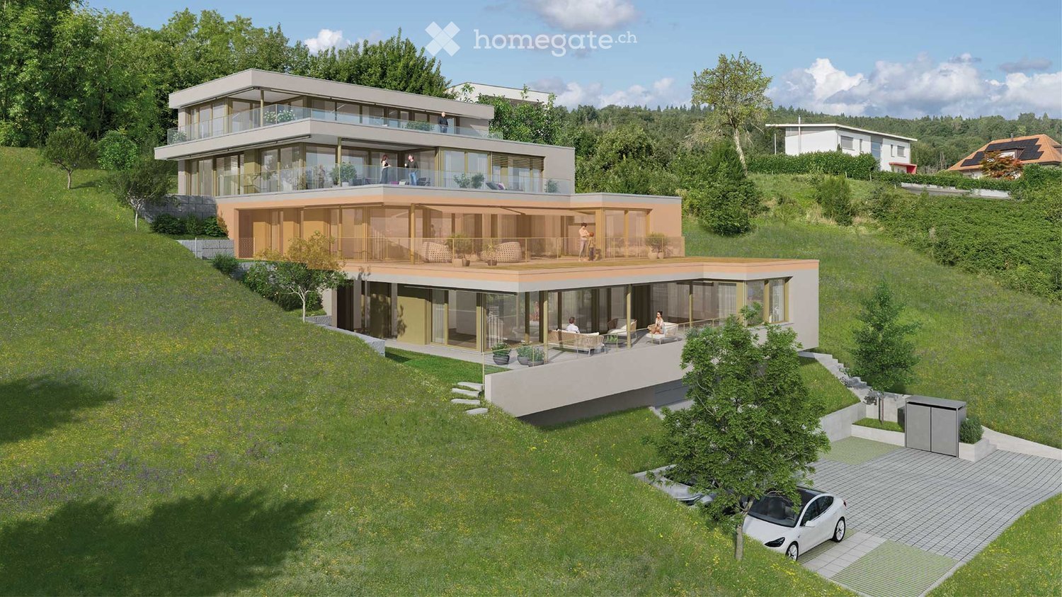3-story house on hillside, multiple balconies, garden, solar panels, parking area