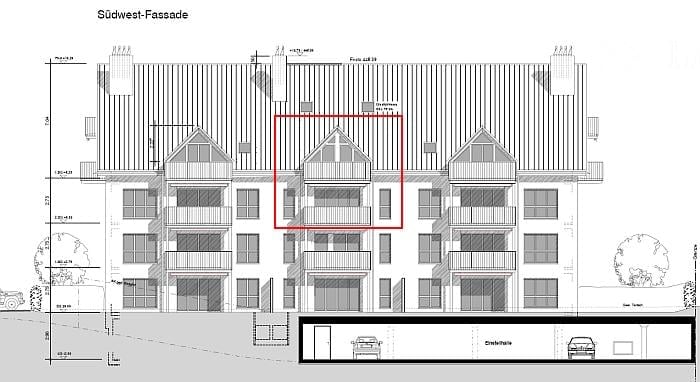 Southwest facade floor plan showing multiple levels with balconies, windows, and parking spaces.