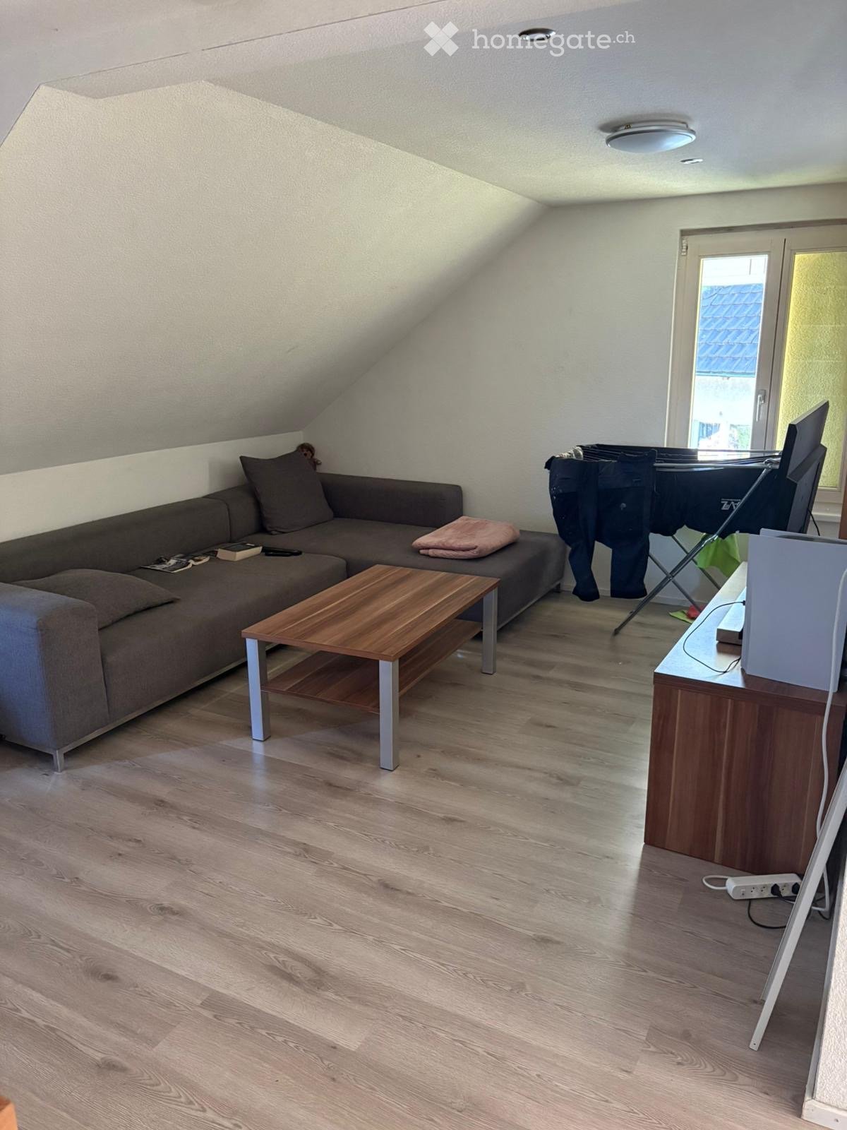 Living room with wooden flooring, a grey sofa, a wooden coffee table, a TV stand with a screen, and an ironing board with clothes.