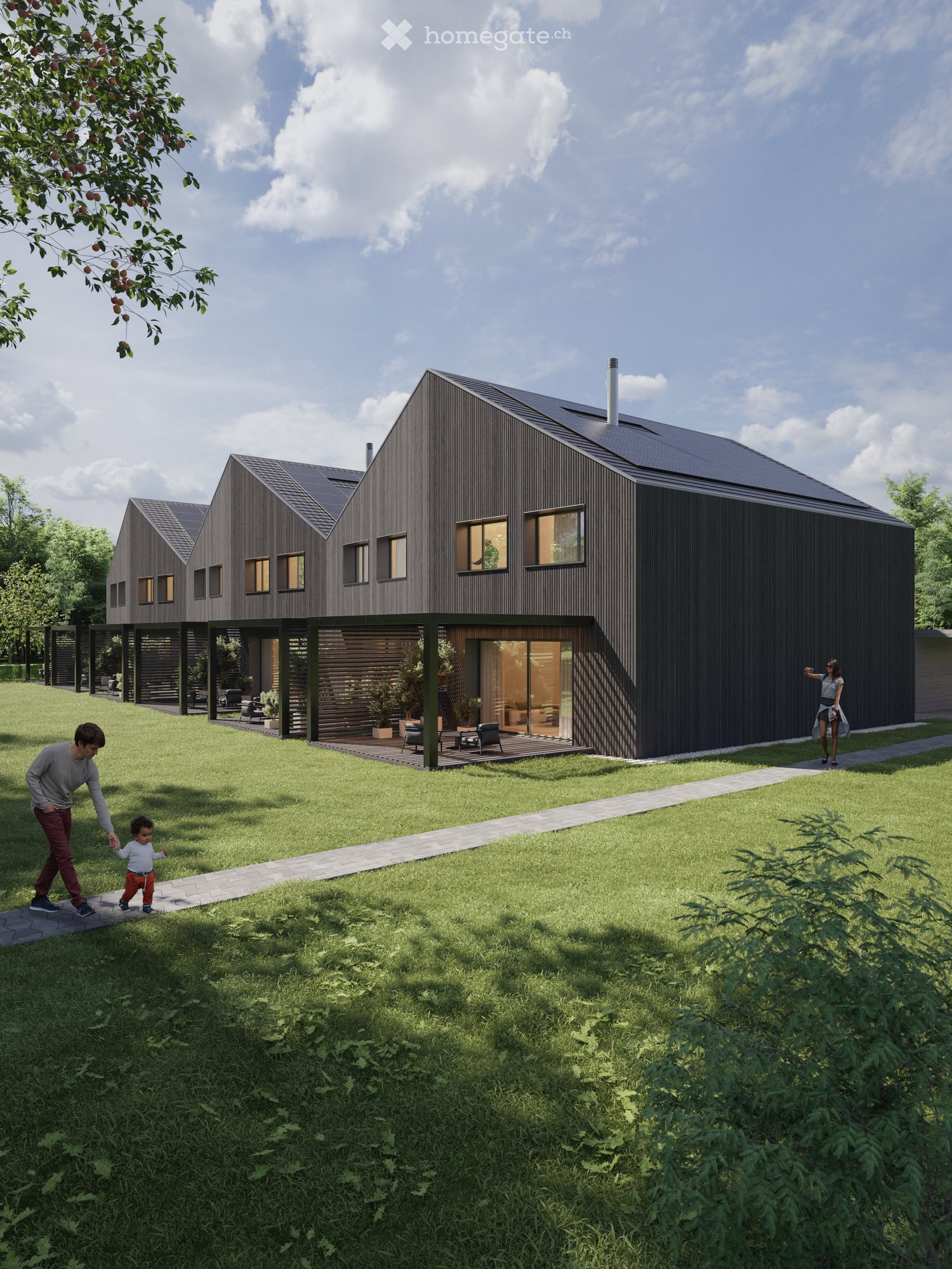 Modern two-story house with dark wooden exterior, large windows, and a spacious lawn with a pathway leading to the entrance.