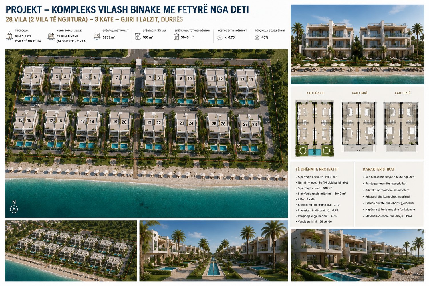 Floor plan of a residential complex with 28 villas, 3 floors, located near the sea in Durres. Includes layout, unit sizes, and design features.