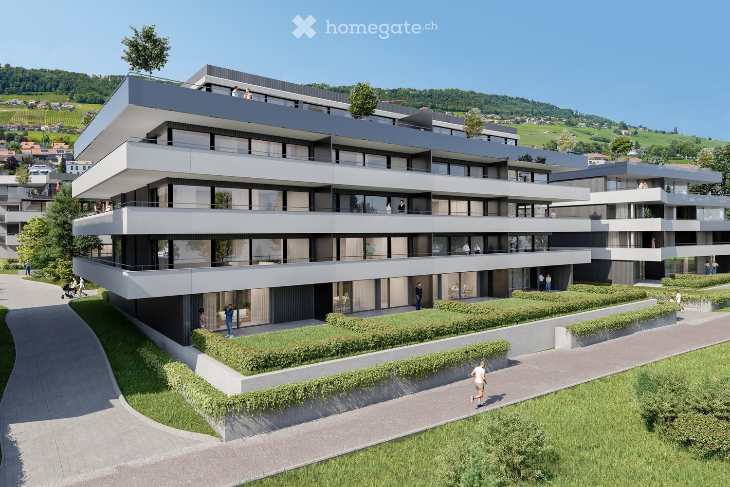 Modern multi-story residential building with balconies, large windows, and contemporary design, surrounded by greenery and pathways.