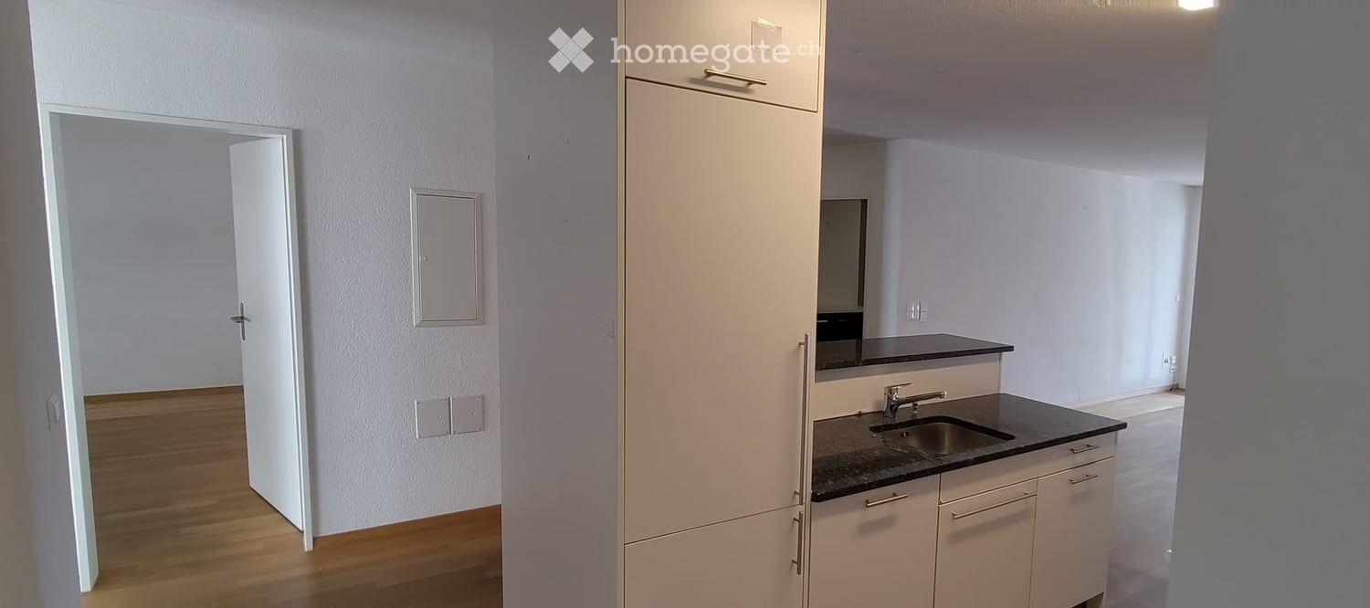 Empty kitchen area with light-colored cabinets, a sink, and a countertop. The space is unfurnished and has wooden flooring.