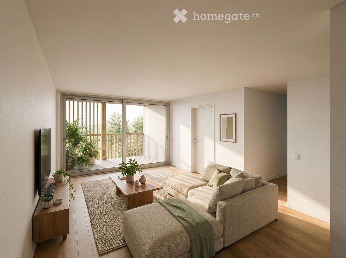 Bright living room with large sliding glass doors leading to a balcony, a sectional sofa, coffee table, side table, and potted plants.