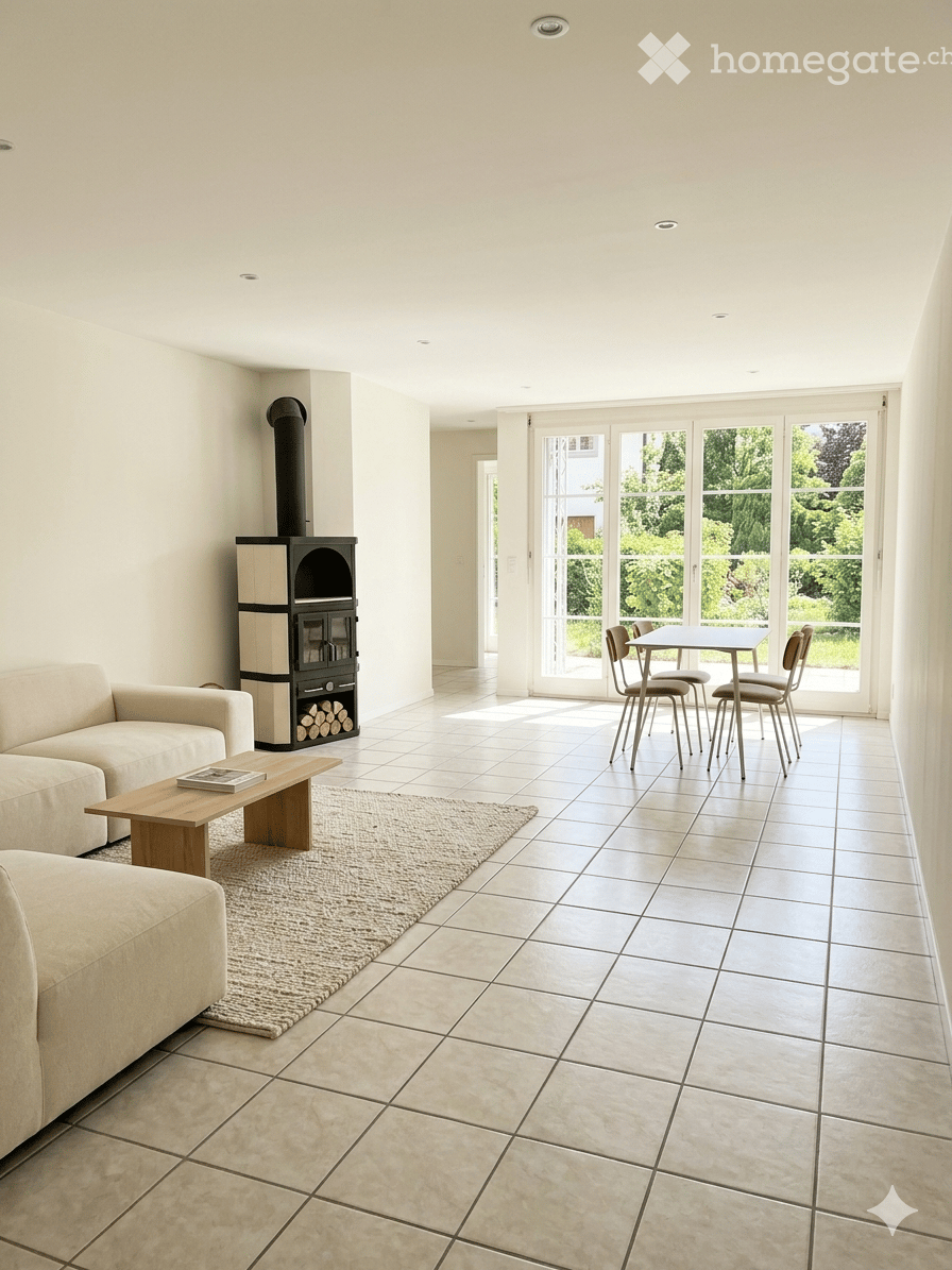 Bright living room with tiled floor, white walls, a fireplace, a sofa, a coffee table, and a dining area with a table and chairs.