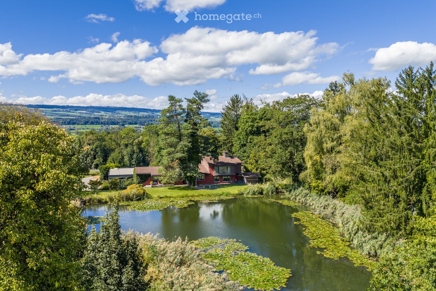A red brick house with a brown roof is situated in a lush, green landscape surrounded by trees and a pond with lily pads.