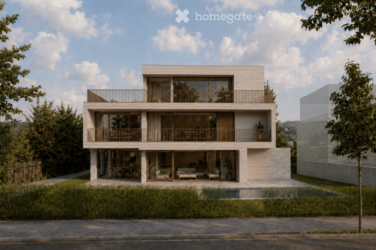 Modern two-story house with white brick facade, large windows, balconies, and a swimming pool in the front yard.