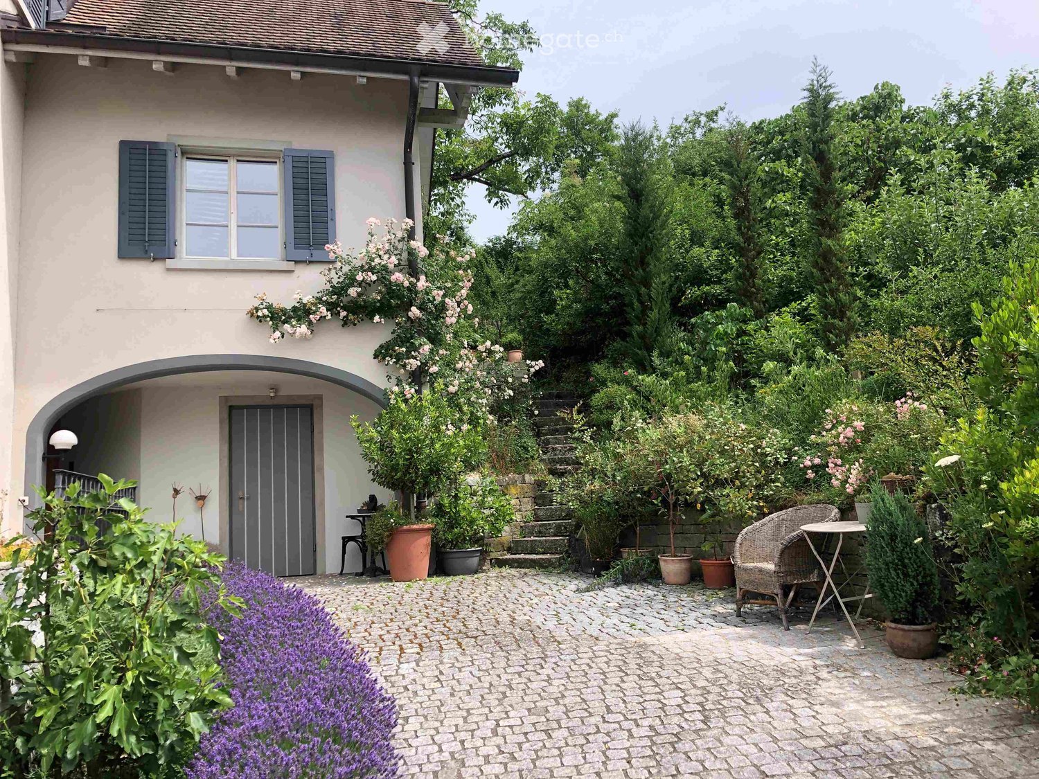 Garden area with a cobblestone patio, wicker chair, small table, potted plants, and lavender bushes. The house features a grey front door, arched entrance, and climbing roses on the wall.