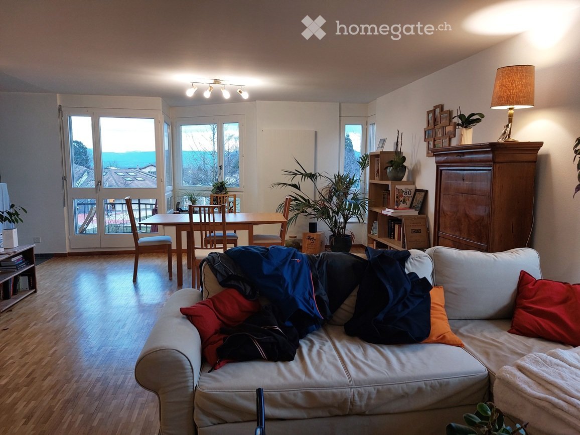Living room with a white sofa, wooden dining table, chairs, bookshelf, lamp, and plants. The room has large windows with a view of the outside.