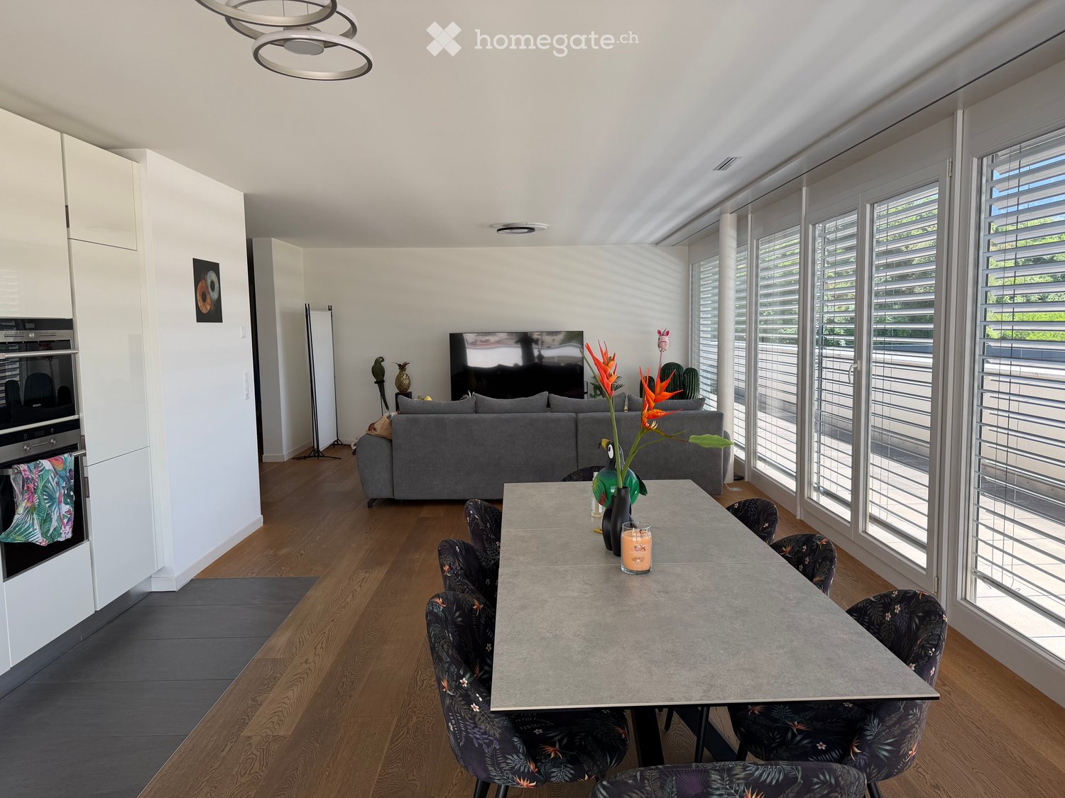 Modern living and dining area with a grey sofa, a dining table with chairs, a television, and an oven. The room features large windows with blinds and a sleek chandelier.
