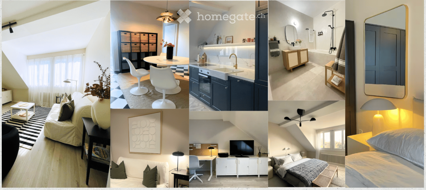 A collage of modern interior spaces including a living room with a sofa and coffee table, a dining area with chairs and a table, a kitchen with cabinets and a sink, a bathroom with a mirror and bathtub, and a bedroom with a bed and pillows.
