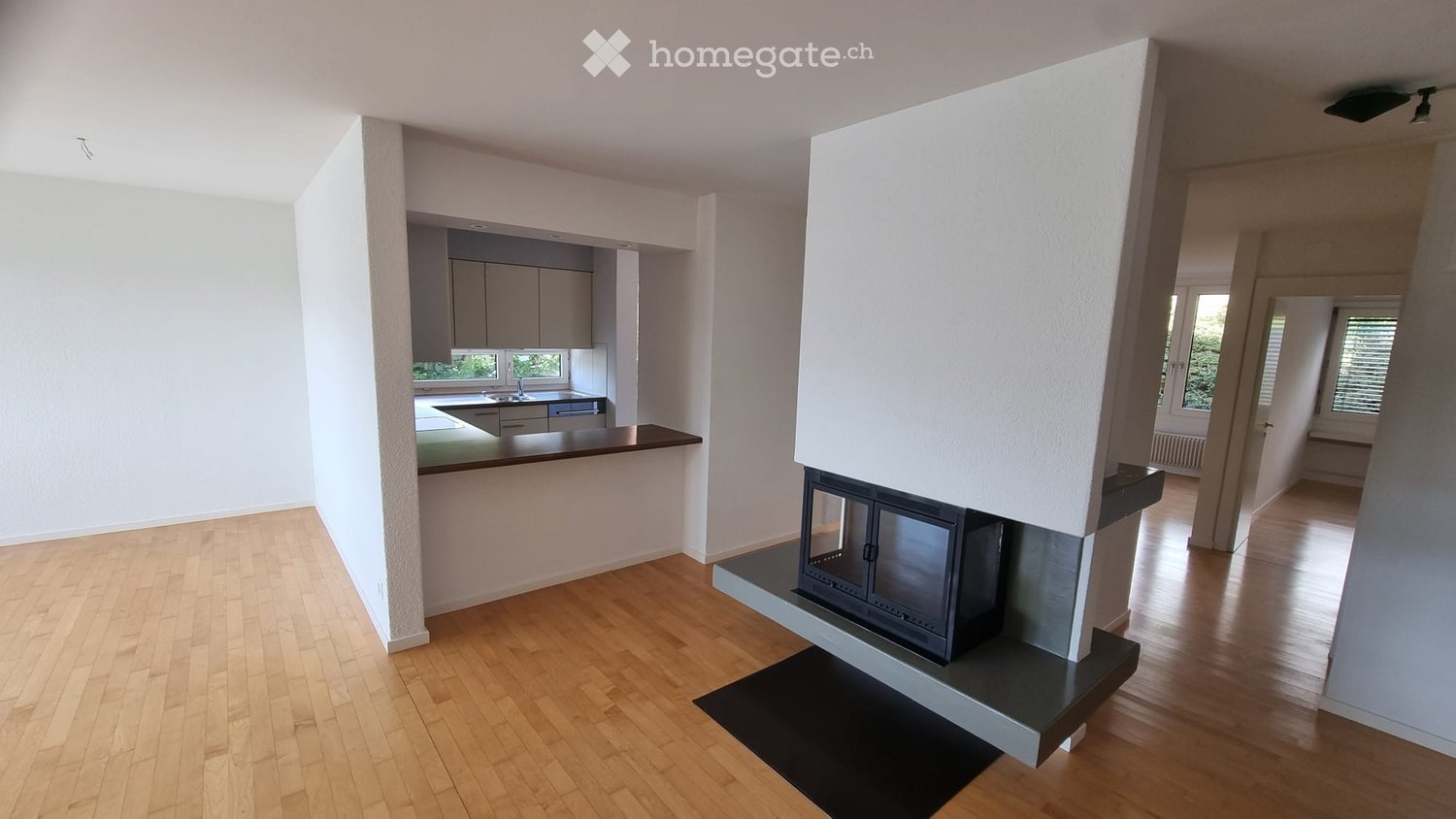 Open-plan living and dining area with a modern fireplace, kitchen counter, and sink visible in the background.