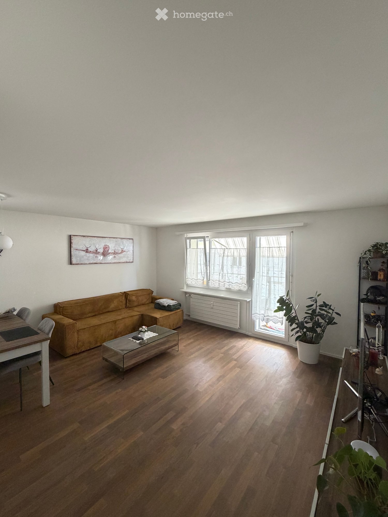 Living room with wooden flooring, a brown sectional sofa, a glass coffee table, a dining table with chairs, and potted plants.