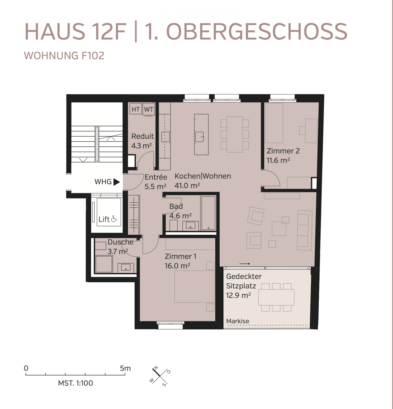Floor plan of apartment F102 on the first upper floor, including a kitchen/living area, two bedrooms, a bathroom, a shower, a covered seating area, and an entrance.