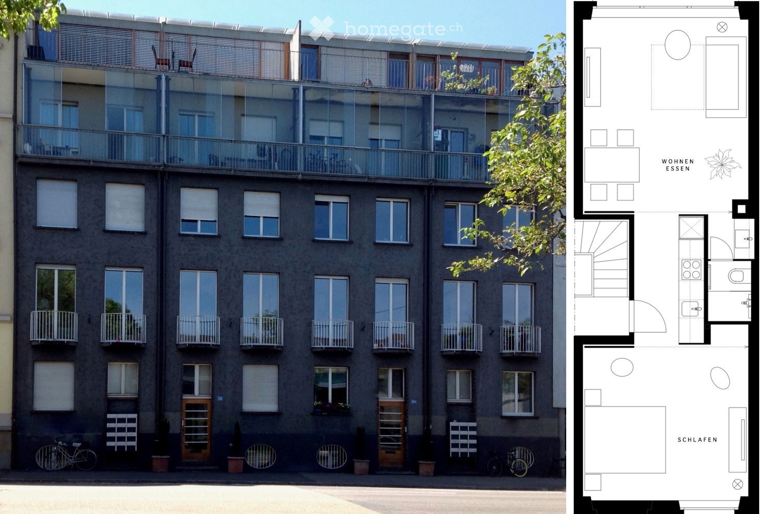 Multi-story apartment building with balconies, large windows, and a modern design. The building features a rooftop terrace with outdoor seating and a tree. The floor plan shows a layout with living, dining, and sleeping areas.