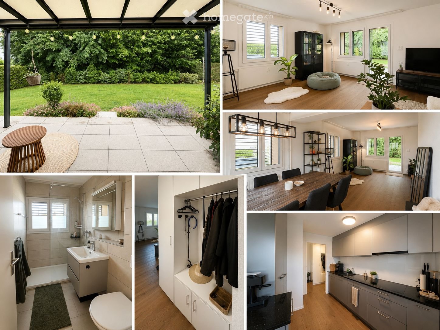 Collage of various rooms in a modern house, including a living room, dining area, kitchen, bathroom, hallway, and outdoor patio with garden view.