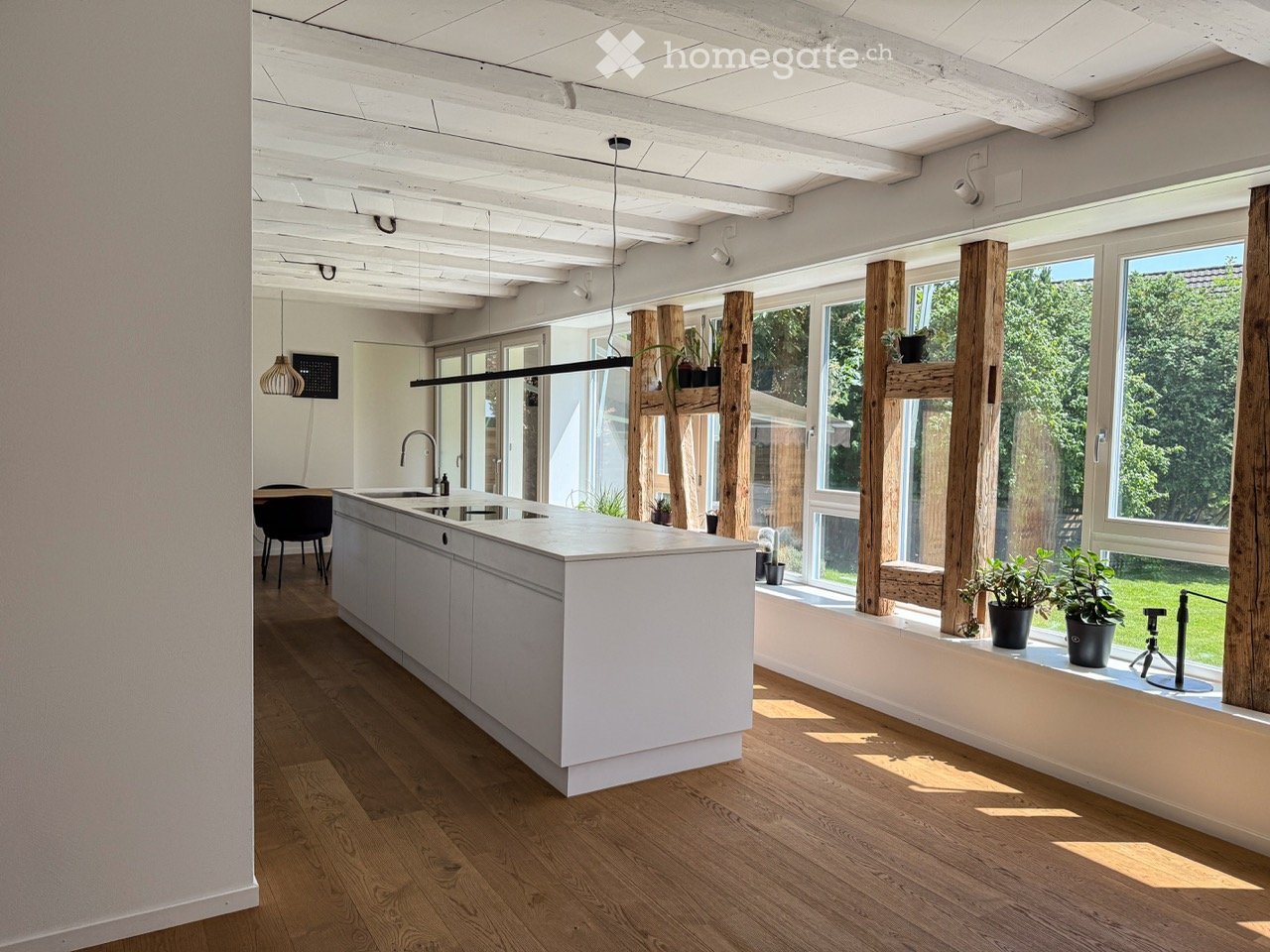Modern kitchen with white cabinets, central island, wooden flooring, pendant lights, and potted plants on windowsill.