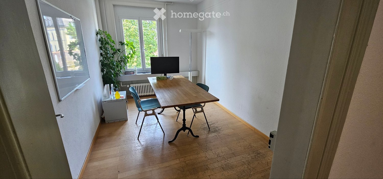 Bright room with wooden floor, large windows, a wooden table with chairs, a screen, a plant, and a small cupboard.