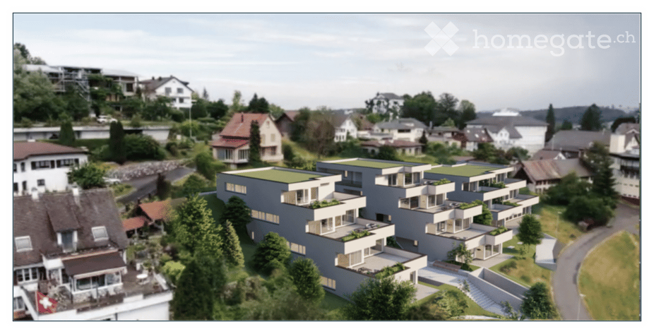 A modern multi-story residential building with a contemporary design, featuring balconies and green roofs, surrounded by trees and neighboring houses.