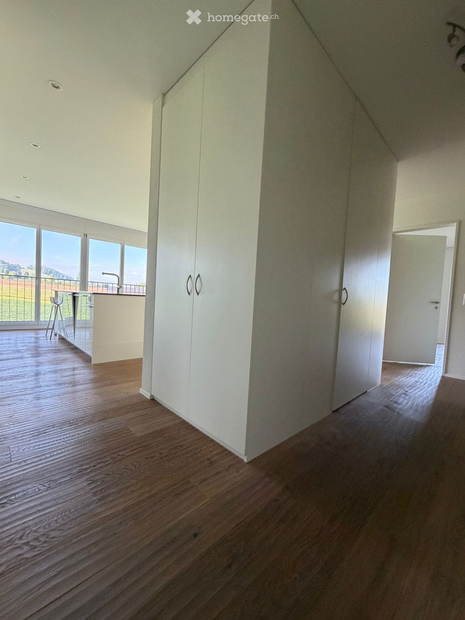 Empty room with wooden flooring, white walls, and large windows leading to a balcony. The room features built-in white cabinets and a view of a green field and mountains.